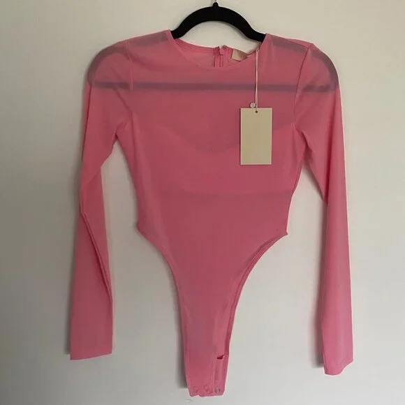 NWT, Meshki, Blaire Mesh Long Sleeve Bodysuit, Pink Size XS - Picture 2 of 5